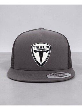 Tesla Patch on YP Flat Bill Trucker Hat Mesh Back Snapback charcoal/black